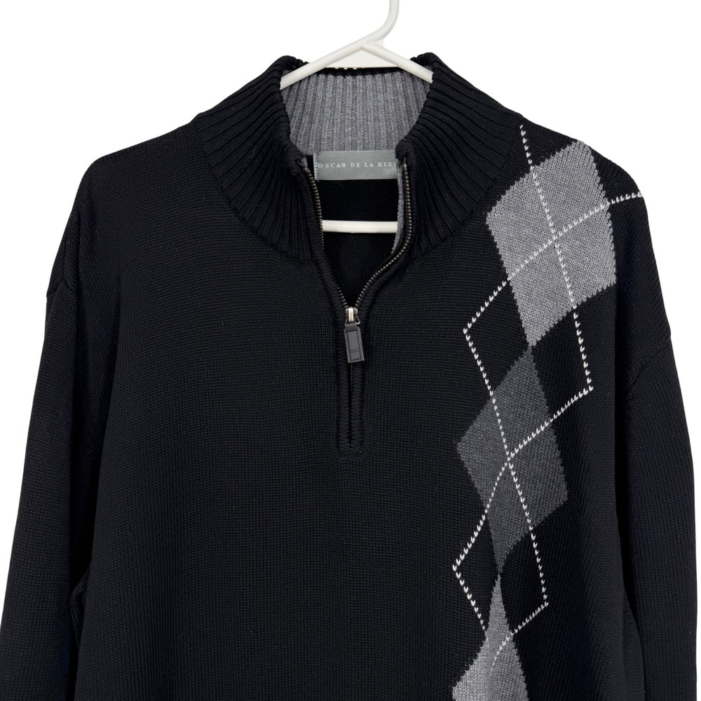Oscar de la Renta Quarter Zip Sweater Mens XXL Black Grey Argyle Knit Luxury